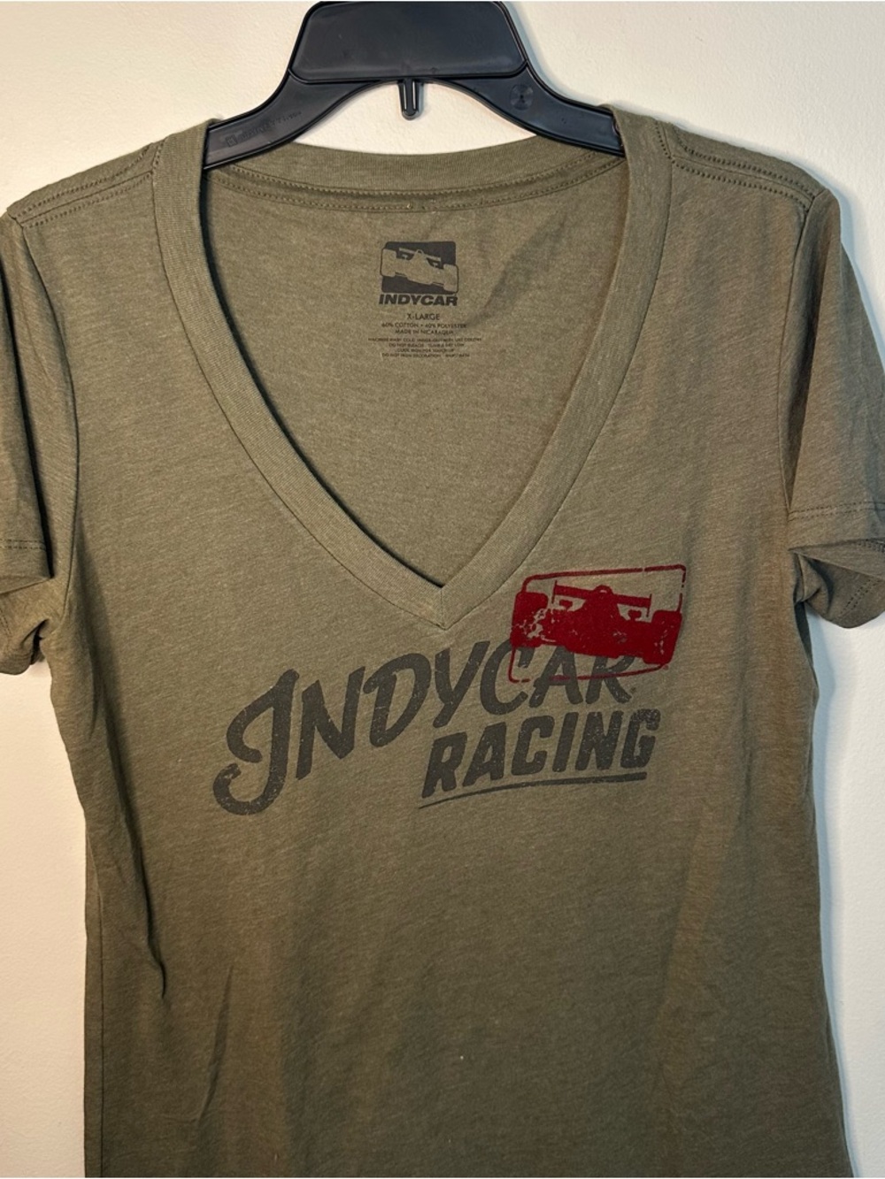 Indycar Racing Womens XL Olive Green V-Neck Velvet Textured Graphic T-Shirt